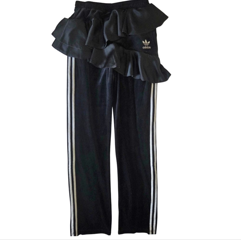 ADIDAS x J Koo 🏷️NWT Black Velvet Track Pants/ Ruffle Skirt Combo 3 Stripes Sml